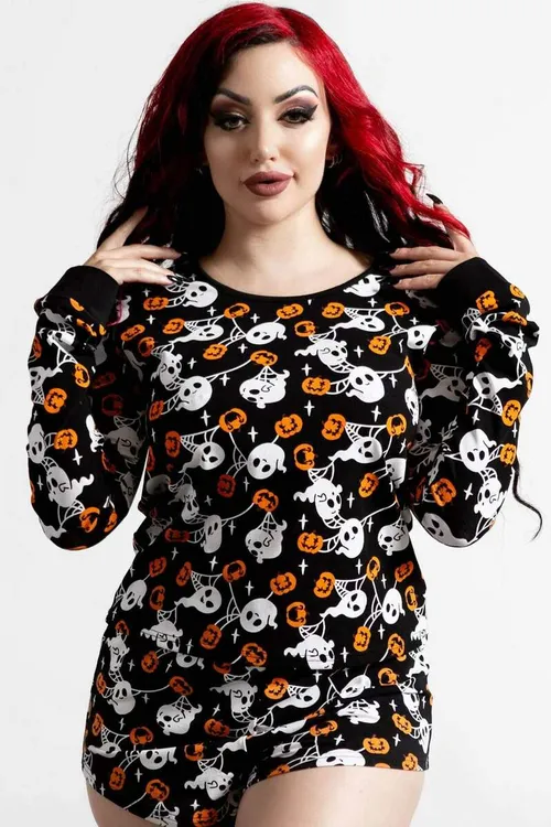 Langärmeliges Damen-T-Shirt (Pyjama) KILLSTAR - Haunted Pumpkin - Schwarz