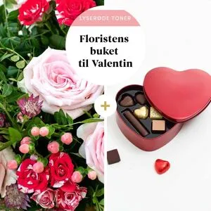 Interflora Floristens valentinsbuket i lyserøde nuancer med chokoladehjerte