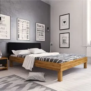 Terre de Nuit Lit avec pieds carrés en chêne massif clair 160x200 et tête de lit noire - LT36005