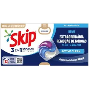 Detergente Roupa Máquina Cápsulas Skip Ultimate Active Clean Embalagem Cartão 32doses