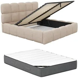 Bett mit Bettkasten & Bettkopfteil + Matratze - Bouclé-Stoff - 180 x 200 cm - Beige - DAMADO von Pascal Morabito