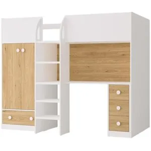 Vente-unique Hochbett mit Kleiderschrank & Schreibtisch - 90 x 190 cm - Weiß & Holzfarben - CINAMO