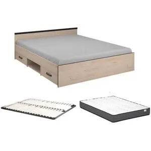 Vente-unique Bett mit Stauraum 160 x 200 cm - 2 Schubladen & 1 Ablagefach - Holzfarben + Lattenrost + Matratze - PABLO