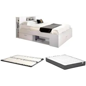 Vente-unique Bett mit Kopfteil, Stauraum & Schubladen + Lattenrost + Matratze - 140 x 190 cm - Weiß - LEANDRE