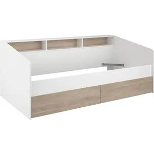 Vente-unique Bett mit Stauraum - 90 x 190/200 cm- Weiß & Holzfarben - PAULETTE