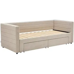 Vente-unique Ausziehbett - 2 x 80 x 200 cm - Mit ausziehbarem Lattenrost & Schubladen - Strukturstoff - Beige - CAMITY