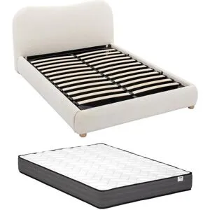 Vente-unique Bett mit Bettkasten - 120 x 190 cm - Bouclé-Stoff - Beige + Matratze - VANARI