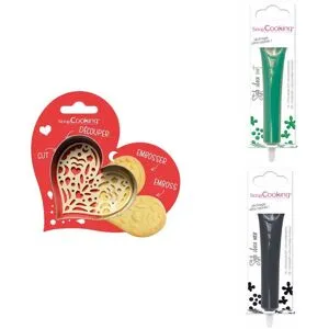 Kit pour biscuit en relief Coeur + 2 Stylos au chocolat vert et noir Scrapcooking