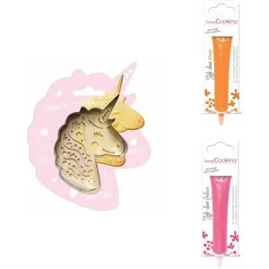 Kit pour biscuit en relief Licorne + 2 Stylos au chocolat orange et fuchsia Scrapcooking