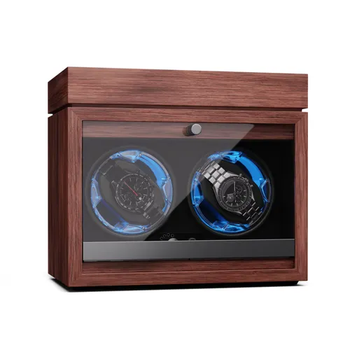 Klarstein Brienz 2 Uhrenbeweger, 2 Uhren, 4 Modi, Holz-Optik, blaue   Innenbeleuchtung, Schmuckfach