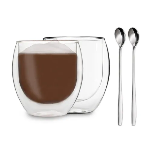 Feelino DUOS Jumbo doppelwandiges Glas 410 ml Thermofunktion inkl. Edelstahl-Löffel