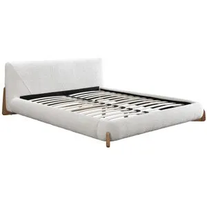 Vente-unique Bett - 140 x 190 cm - Bouclé-Stoff - Weiß & Holzfarben - GAMURA