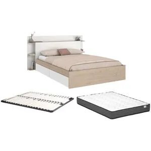 Vente-unique Bett mit 4 Schubladen + Lattenrost + Matratze - 140 x 190/200 cm - Holzfarben & Weiß - TILONIDE