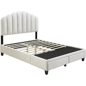 Vente-unique Bett mit Schubladen - 160 x 200 cm - Samt - Elfenbeinfarben - ILISIO