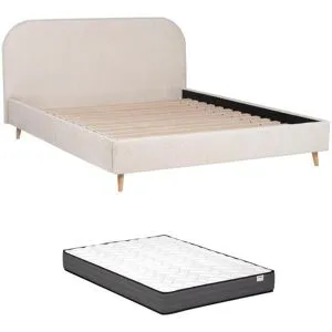 Vente-unique Polsterbett + Matratze - 160 x 200 cm - Bouclé-Stoff - Naturweiß - SANTADI