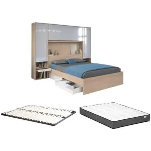 Vente-unique Bett mit Stauraum + Lattenrost + Matratze - 160 x 200 cm - Mit LED-Beleuchtung - Holzfarben & glänzend weiß - VELONA