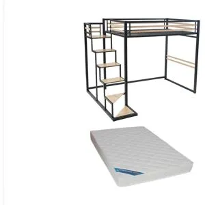 Vente-unique Hochbett mit Matratze - 140 x 200 cm - Metall & MDF - Naturfarben & Schwarz - JOGUI