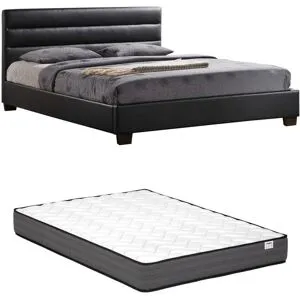 Vente-unique Polsterbett - 180 x 200 cm - Kunstleder - Schwarz + Matratze - FAUSTIN