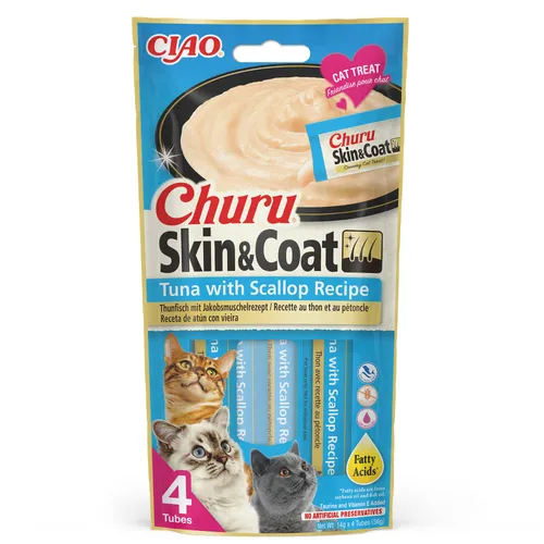 Inaba Cat Ciao Churu Skin & Coat krémové krmivo pro kočky - tuňák, hřebenatky 4 x 14 g