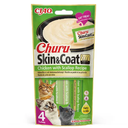 Inaba Cat Ciao Churu Skin & Coat krémové krmivo pro kočky - kuře, hřebenatky 4 x 14 g