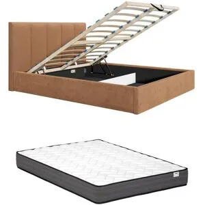 Vente-unique Bett mit Bettkasten & Kopfteil mit vertikalen Ziernähten + Matratze - 180 x 200 cm - Stoff - Terracotta - KILACLO