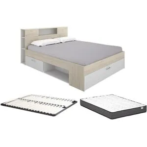 Vente-unique Bett mit Kopfteil, Stauraum & Schubladen + Lattenrost + Matratze - 180 x 200 cm - Holzfarben & Weiß - LEANDRE