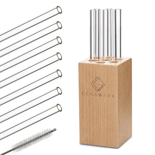 Klarstein Glaswerk Frezzeria Glasstrohhalme 7 Stück 0,8 x 15 cm (ØxH) Holzhalterung Bürste