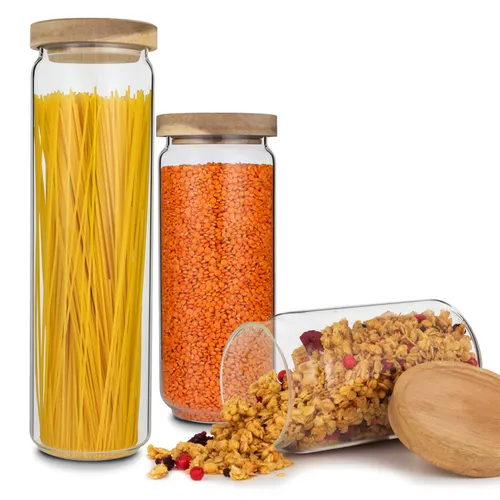 Klarstein Glaswerk Lovage Vorratsgläser 0,75 1,1 1,5 l 3er Set Borosilikatglas Akazienholzdeckel Silikon