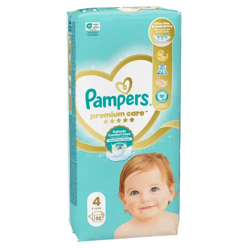 Pampers Premium Care Velikost 4, 52 Dětské Plenky, 9kg-14kg