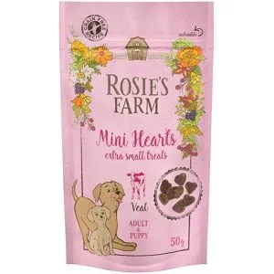 50g Puppy & Adult "Mini Hearts" kalv Rosie's Farm hundgodis