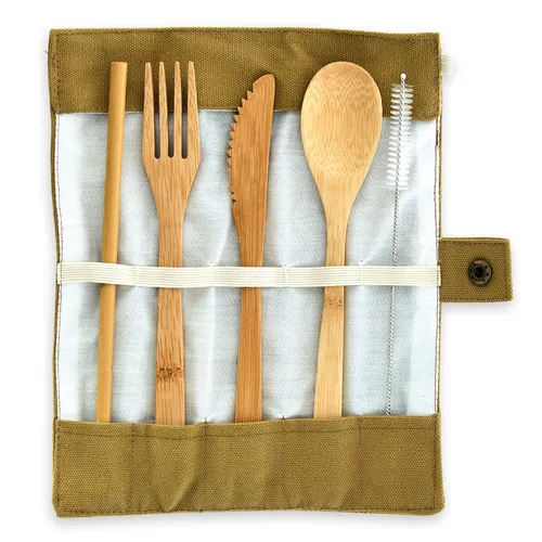 Klarstein Reisebesteck in brauner Tasche  5-teilig zusammenrollbar Bambus