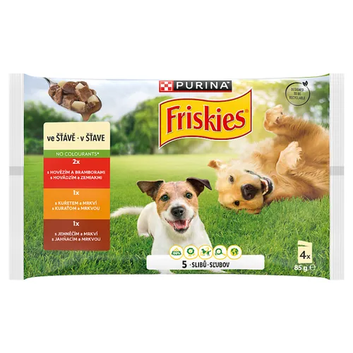 PURINA FRISKIES Adult výběr s hovězím, kuřetem a jehněčím ve šťávě 4 x 85g