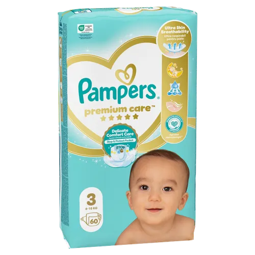 Pampers Premium Care Velikost 3, 60 Dětské Plenky, 6kg-10kg