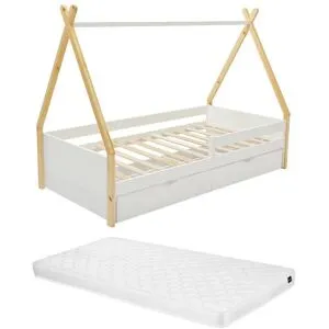 Vente-unique Kinderbett Tipi-Bett mit Schubladen + Matratze - 90 x 190 cm - Kiefer & MDF - Weiß & Holzfarben - LUANCO