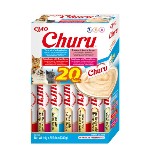 Inaba Cat Ciao Churu krémové krmivo pro kočky - výběr tuňáka (mušle, losos, krab, krevety) 20 x 14 g