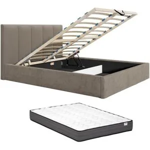 Vente-unique Bett mit Bettkasten & Kopfteil mit vertikalen Ziernähten + Matratze - 180 x 200 cm - Stoff - Taupe - KILACLO