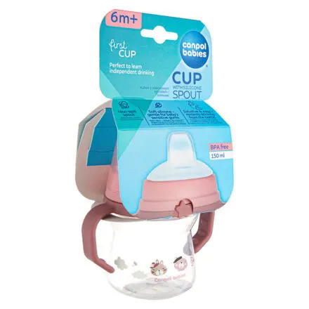 Canpol babies Hrnček so silikónovým náustkom FirstCup BONJOUR PARIS 150ml ružový