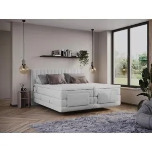 Vente-unique Ensemble complet boxspring tête de lit coutures verticales + sommiers relaxation électrique + matelas + surmatelas - 2 x 90 x 200 cm - Velours - Gris clair - DONISI de PALACIO