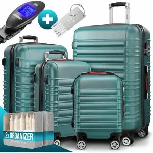 monzana® Hartschalenkoffer Set 4tlg mit Zubehör Rollen 360º Grün ABS