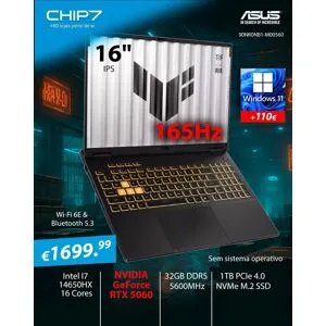 Portátil ASUS - Intel I7 14650HX / RTX 5060 8GB / 32GB DDR5 / 1TB / 16" IPS / 165Hz / S/ SO / Cinza - TUF Gaming F16 FX608JMR-74B56CS1