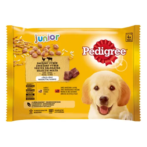 Pedigree Vital Protection Junior v hliníkové kapsičce s kuřecím masem a rýží, s hovězím masem a rýží v aspiku 4 x 100 g