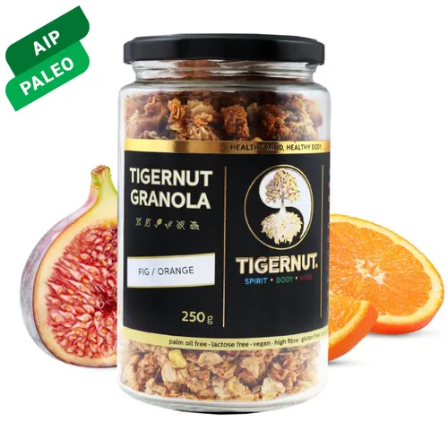 Granola z lupienkov lúpaného tigrieho orecha s figami a pomarančom
