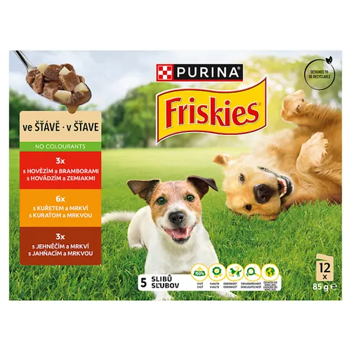 PURINA FRISKIES Adult výběr s hovězím, kuřetem a jehněčím ve šťávě 12 x 85g