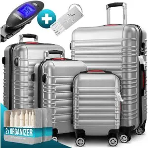 monzana® Hartschalenkoffer Set 4-tlg mit Zubehör Rollen 360º Silber ABS