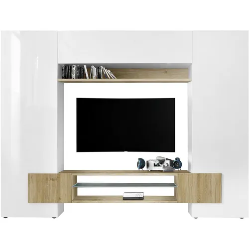 Carryhome OBÝVACÍ STĚNA, barvy dubu, vysoce lesklá bílá