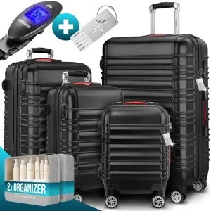 monzana® Hartschalenkoffer Set 4-tlg mit Zubehör Rollen 360º Schwarz ABS
