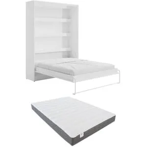 Vente-unique Schrankbett + Matratze - 160 x 200 cm - Manuelle vertikale Öffnung - Mit LED-Beleuchtung - Weiß - RAPILI