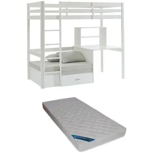 Vente-unique Hochbett mit Schreibtisch, Schlafsofa & Stauraum + Matratze - 90 x 200 cm - massives Kiefernholz - Weiß - GOLIATH III