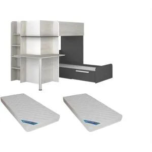 Vente-unique Eck-Hochbett - 2 x 90 x 190 cm -  mit Schreibtisch - Grau, Weiß & Schwarz + Matratze - SAMUEL