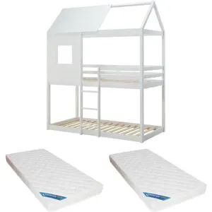 Vente-unique Etagenbett in Hausoptik + Matratze - 2 x 90 x 190 cm - Kiefer & MDF - Weiß - LIDOVARA